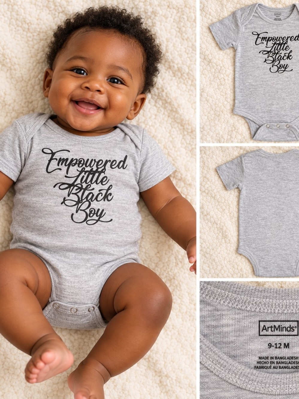 Gray 'Empowered Little Black Boy' Baby One-Piece